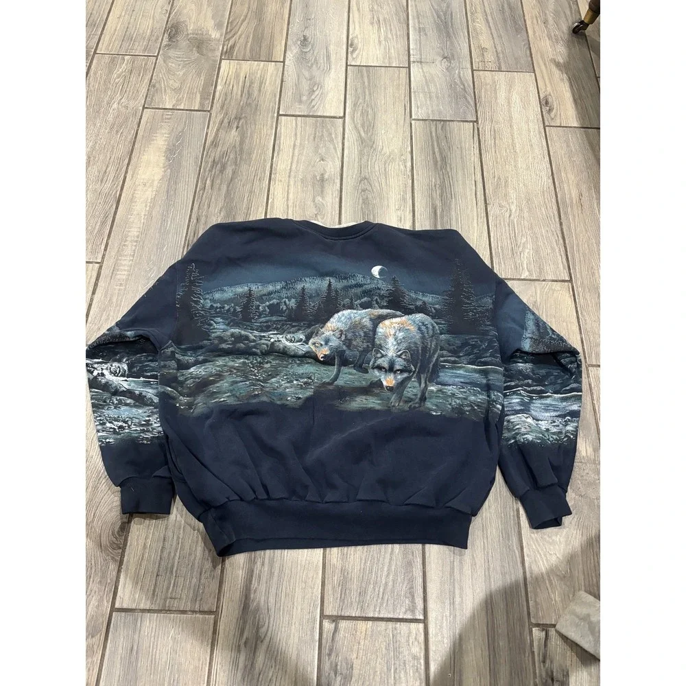 Vintage Men's Wolf Pack Moon Forest Graphic Sweatshirt Navy Blue Crew Neck XL
